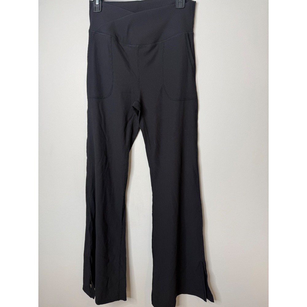 Rae Mode Black Nylon Rib V Waist Crossover Flared Leggings 1XL Side Slit Yoga